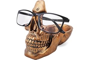 VIPbuy Skull Glasses Holder Stand with Storage Tray, Novelty Eyeglass Holder Rack for Nightstand, Resin Skull Head Sculpture 