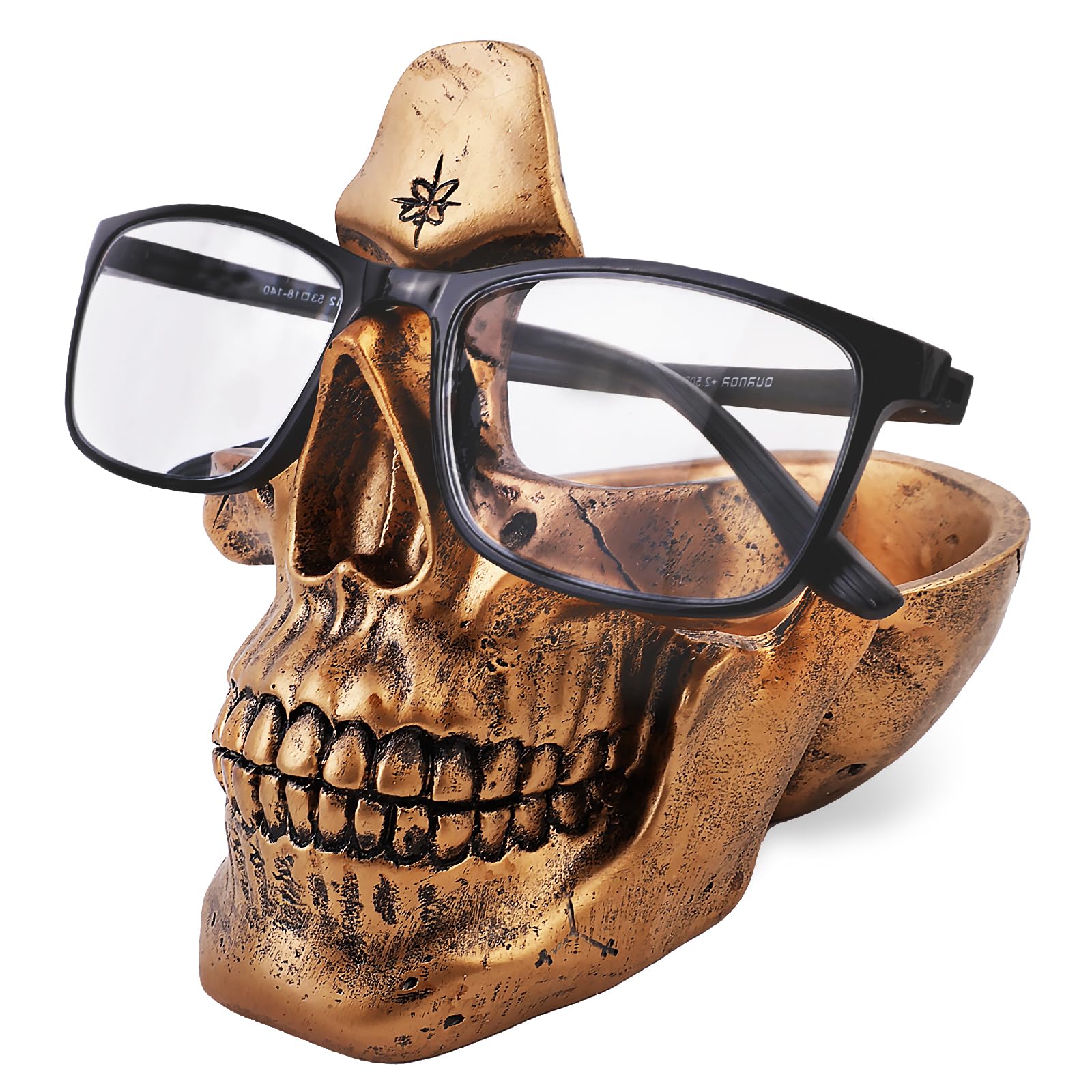 VIPbuy Skull Glasses Holder Stand , Novelty Eyeglass Holder Rack with Storage Tray for Nightstand, Resin Skull Head Statue Sculpture Home Office Desk Decor Gift (Golden)