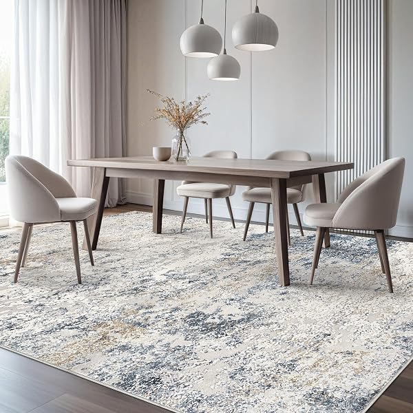 AREA RUG LIVING ROOM RUGS – 9X12 ABSTRACT LARGE SOFT INDOOR WASHABLE RUG NEUTRAL MODERN LOW PILE CARPET FOR BEDROOM DINING ROOM FARMHOUSE HOME OFFICE – BEIGE BLUE