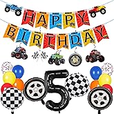 Monster Truck 5th Birthday Party Decorations Set - 40 Pcs Banner, Hanging Swirls, Foil & Latex Balloons for 5th Birthday Race Car Theme Party Supplies