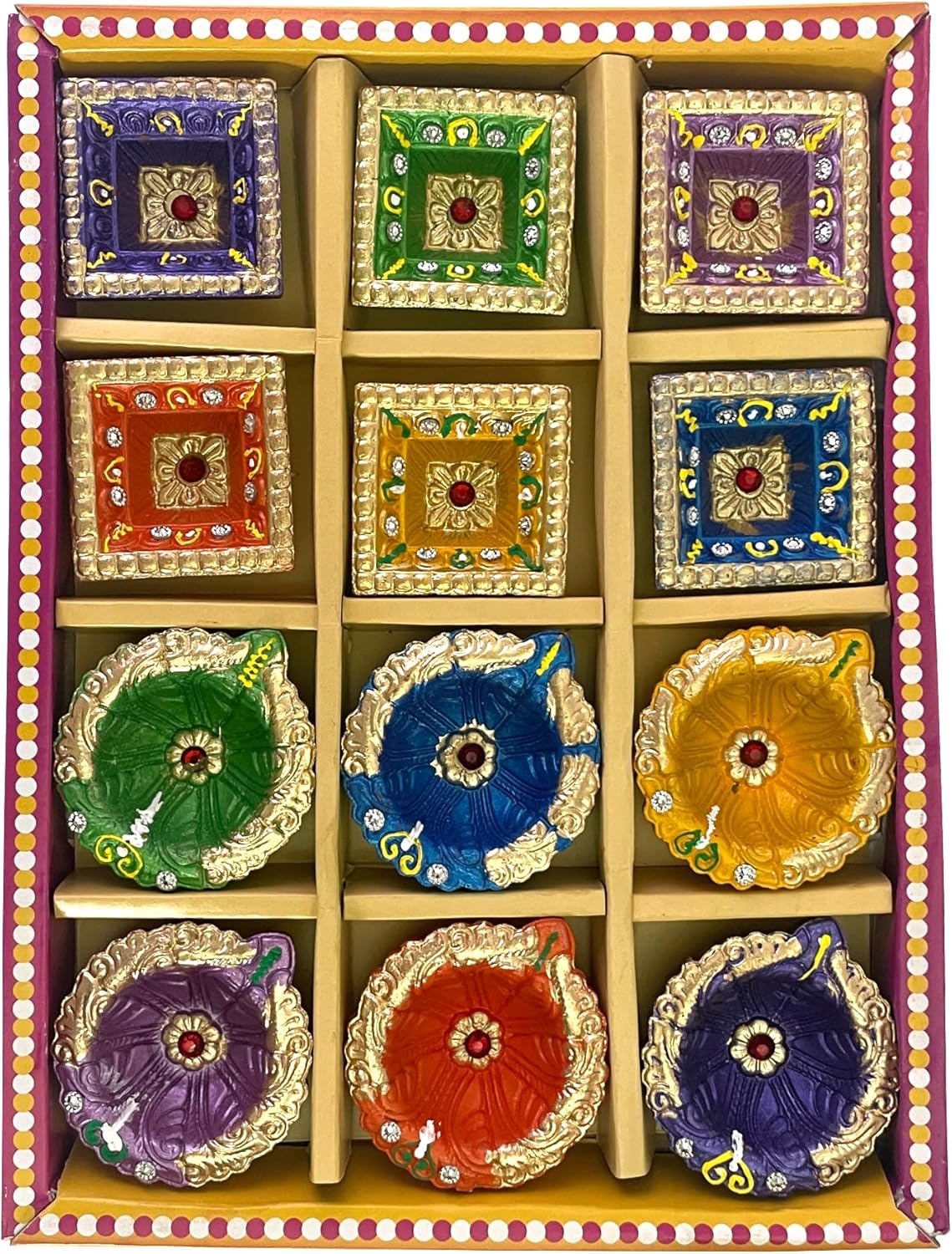 Oil Lamps & Accessories - KSJONE 12 Pack Assorted Colour Festive Diyas with Cotton Wicks Festive Decorations Oil Lamp Diwali Lights Clay Diyas for Diwali Tea Light Holder Indian Decor Diwali Puja Items Diwali Decorations