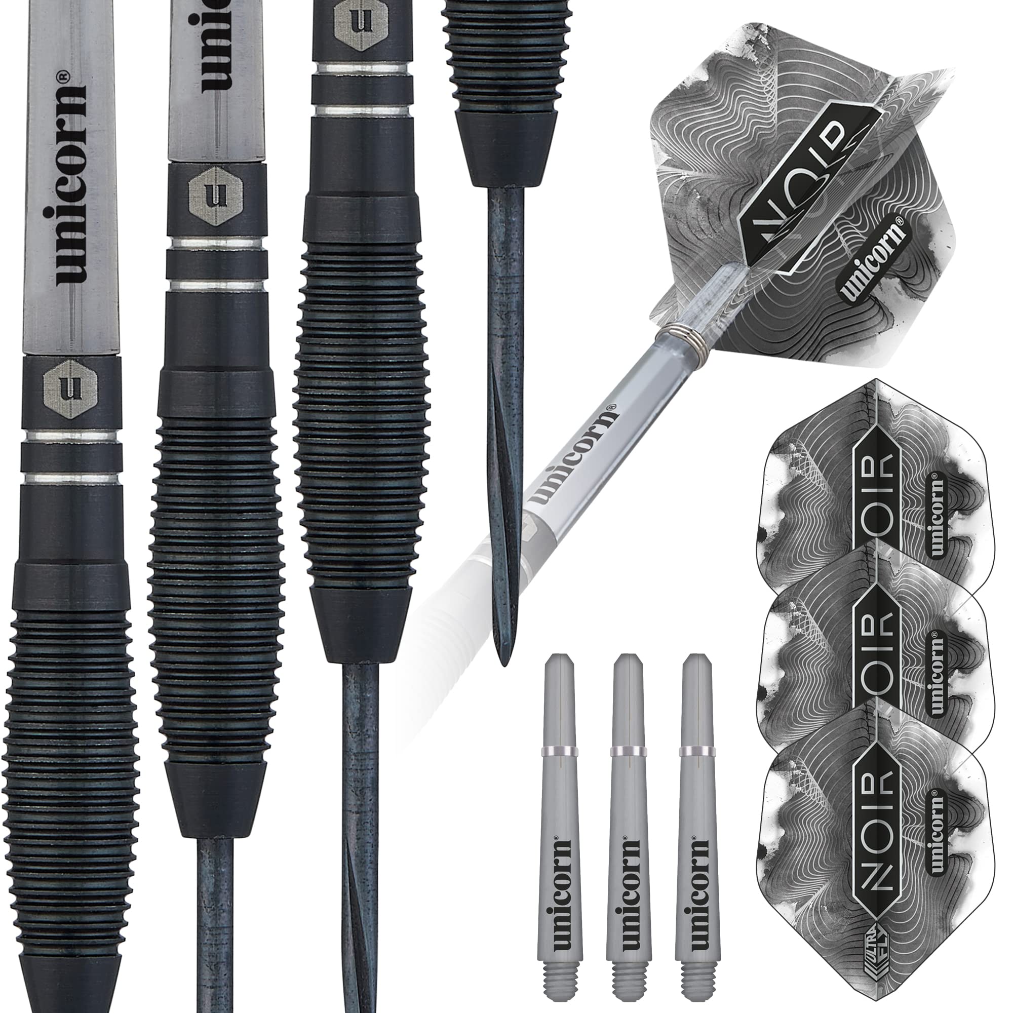 ‎Unicorn Steel Tip Darts Set | Noir Style 1 | 90% Tungsten Barrels with Black Titanium Coating & Black Volute Points | 21 g