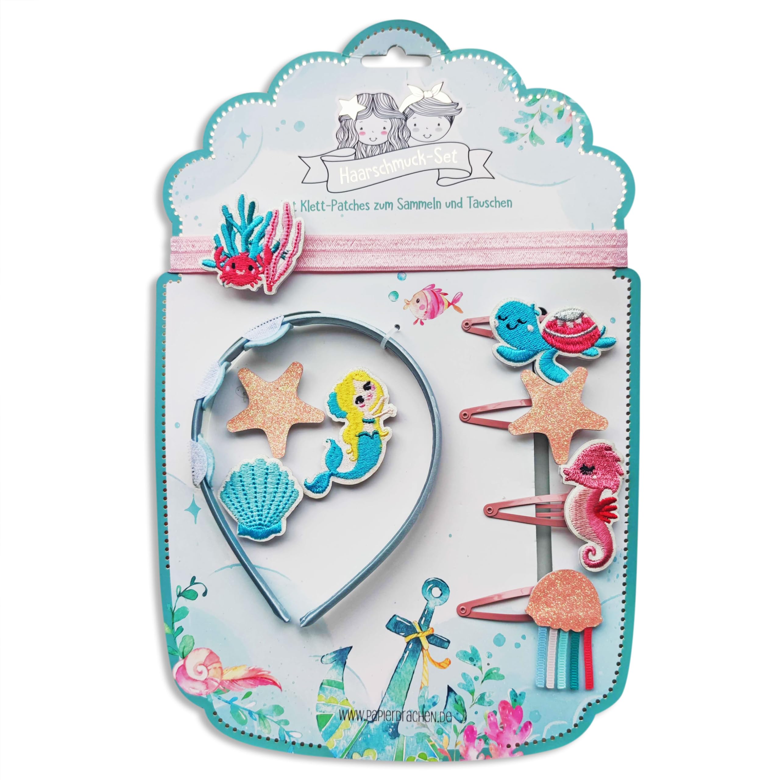 Papierdrachen Hair Accessories Set - Headband Velcro | Interchangeable Patches in Mermaid Design | Beautiful Creative Hair Accessories for Girls - Set of 2 — image 1