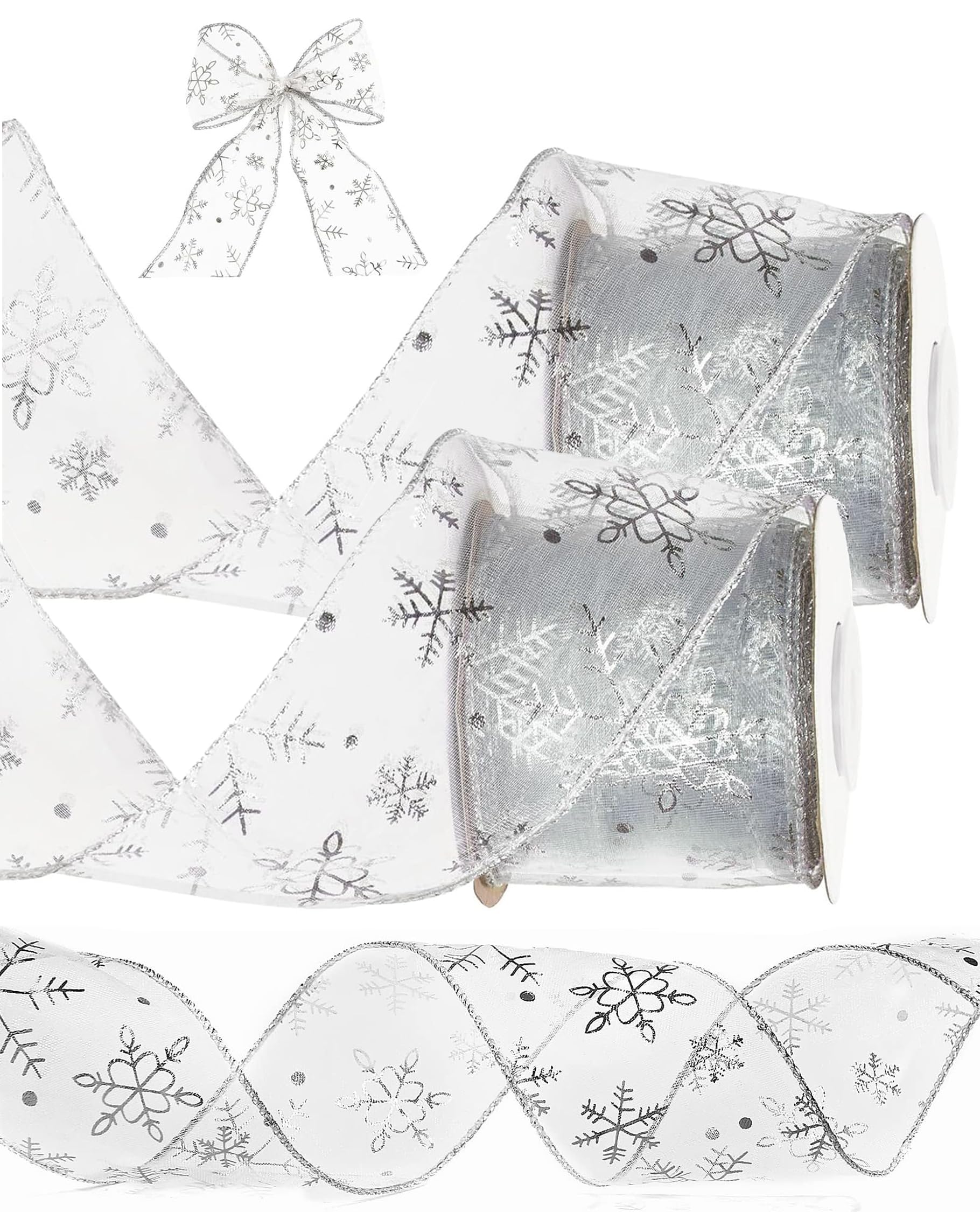Silver Organza Christmas Tree Ribbon Gift Packaging - Snowflake Sparkling Ribbon (2.5 Inch X 9 Yard)