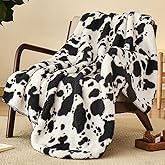 PHF Cute Cow Print Sherpa Throw Blanket for Girls Boys Teens Kids, Reversible Thick and Warm Blanket for Winter, Ultra Soft Fuzzy Animal Pattern Bedding for Bed Sofa Couch, 50x60, Black