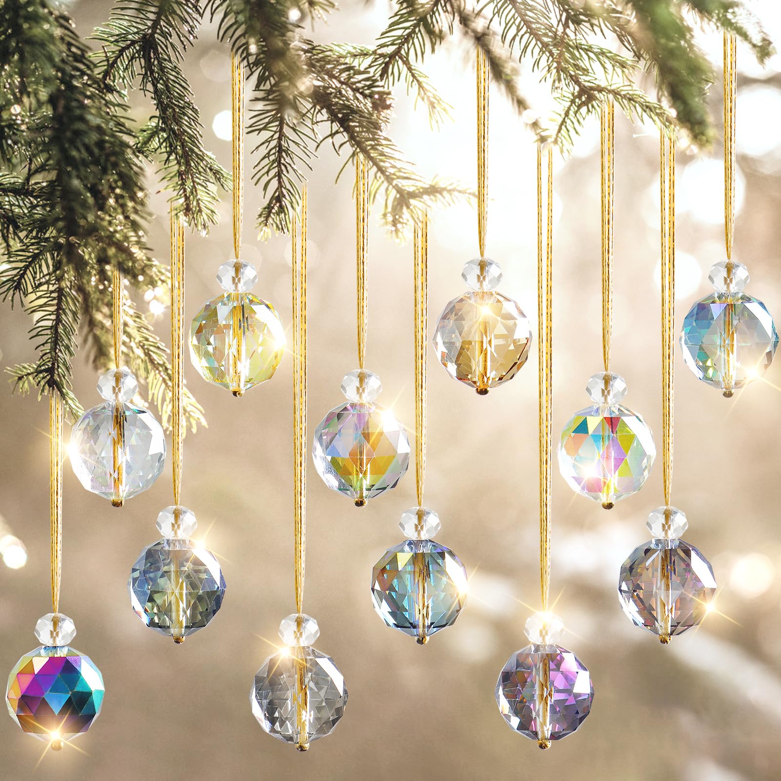 UXORSN 12PCS Christmas Tree Decorations Crystal Ball Hanging Ornaments 25mm Glass Christmas Baubles Rainbow Prism Balls Suncatcher Xmas Tree Multicolor Pendants for Xmas Party Wedding Home Decor