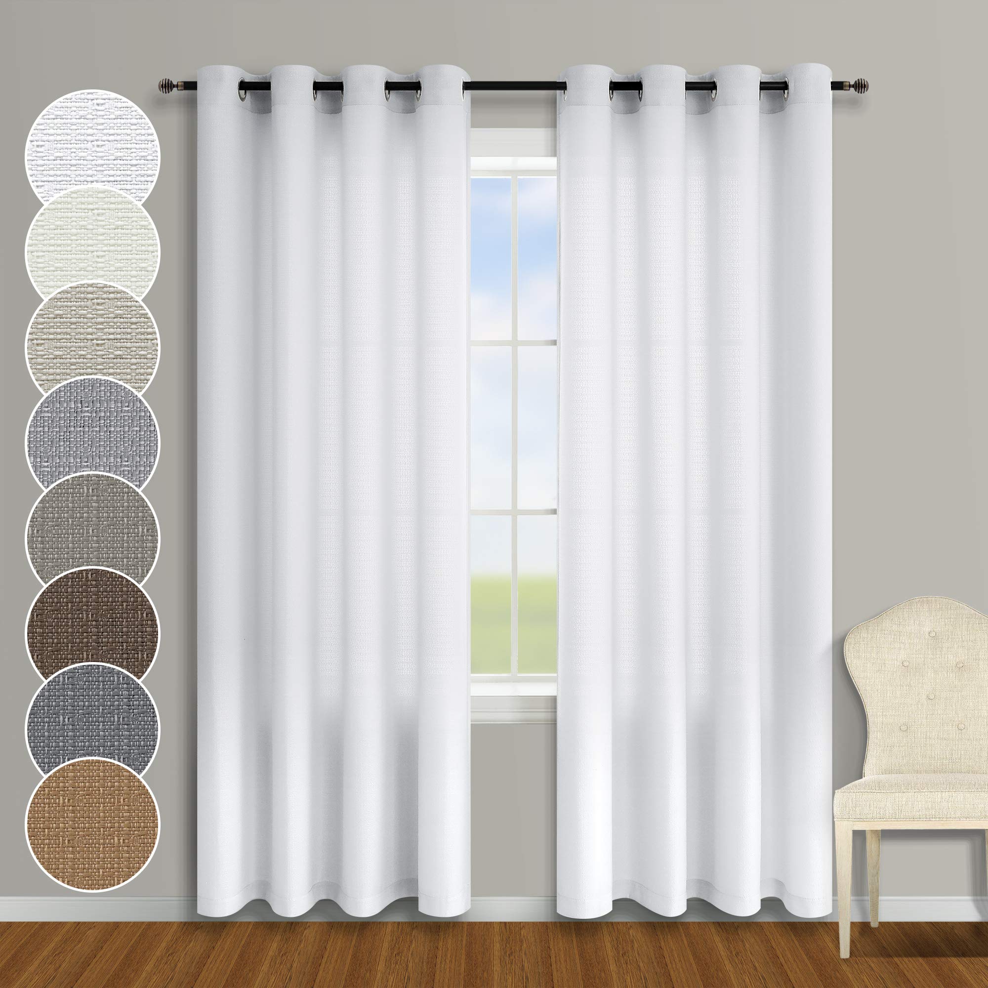 KOUFALL White Sheer Curtains 84 Inches Long for Living Room,Semi Privacy Non See Through Faux Linen Cotton Light Filtering Grommet Curtains 84 Inch Length 2 Panels
