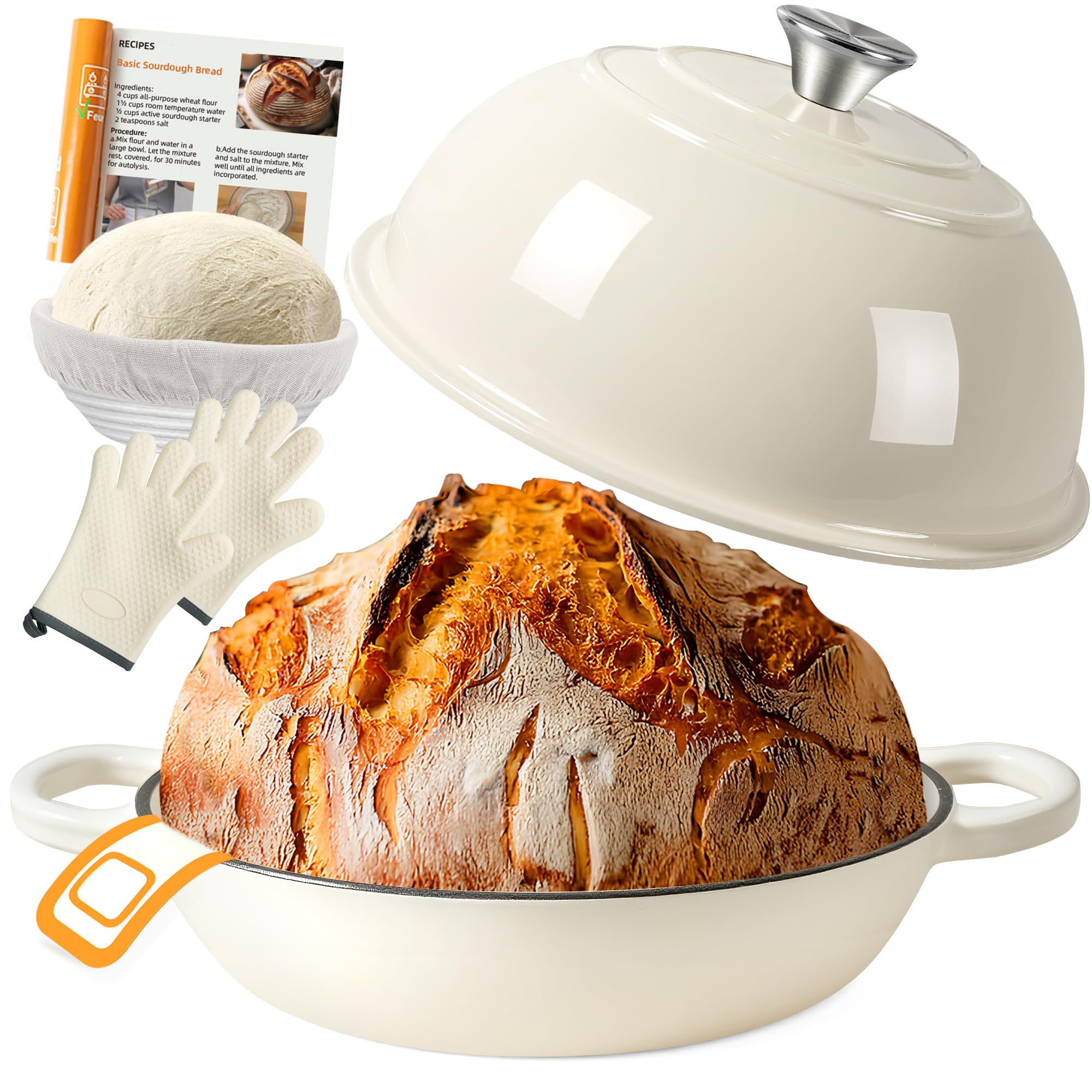 Photo 1 of AHJ 6QT Dutch Oven For Bread Baking, Enameled Cast Iron Dutch Oven Pot with Lid, Multi-Functional Bread pan, Sourdough Baking Supplies with Proofing Basket, Cast Iron Bread Oven, Silicone Sling & Gloves.
