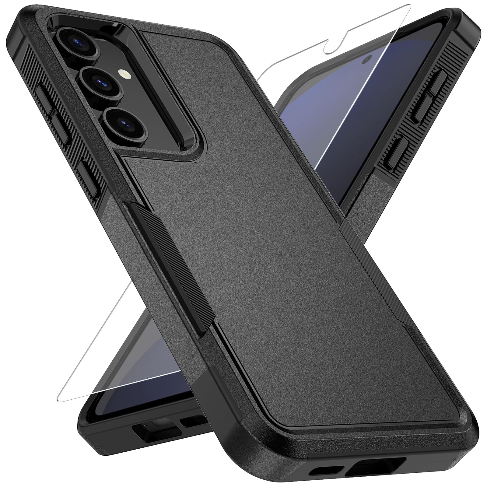 Vinve for Samsung Galaxy S25 Case with HD Screen Protector, Military-Grade Shockproof & Dual-Layer Protection, Anti-Slip Grip Design Phone Case, Black