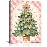 Pink Christmas Tree Canvas Wall Art, Bow Ornaments Christmas Wall Decor | Vintage Winter Holiday Wall Decor, Cozy Christmas Decorations for Living Room Bedroom Home, Ready to Hang 20x24