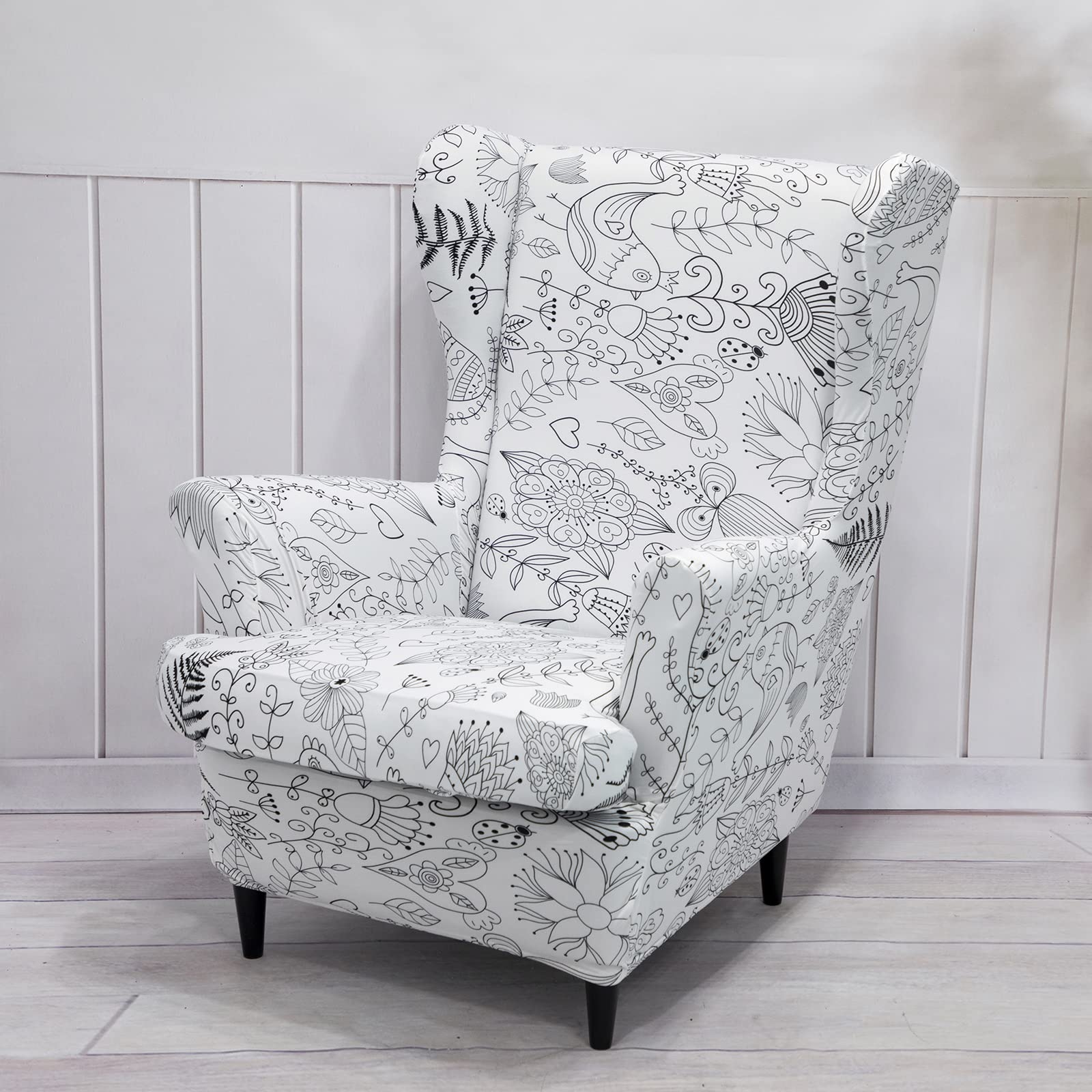 Wing Back Slipcover Velvet Chair Cover,Plush Chair Covers Armchair,Furniture Covers Protector for Living Room Bedroom Decoration (Flower Print)