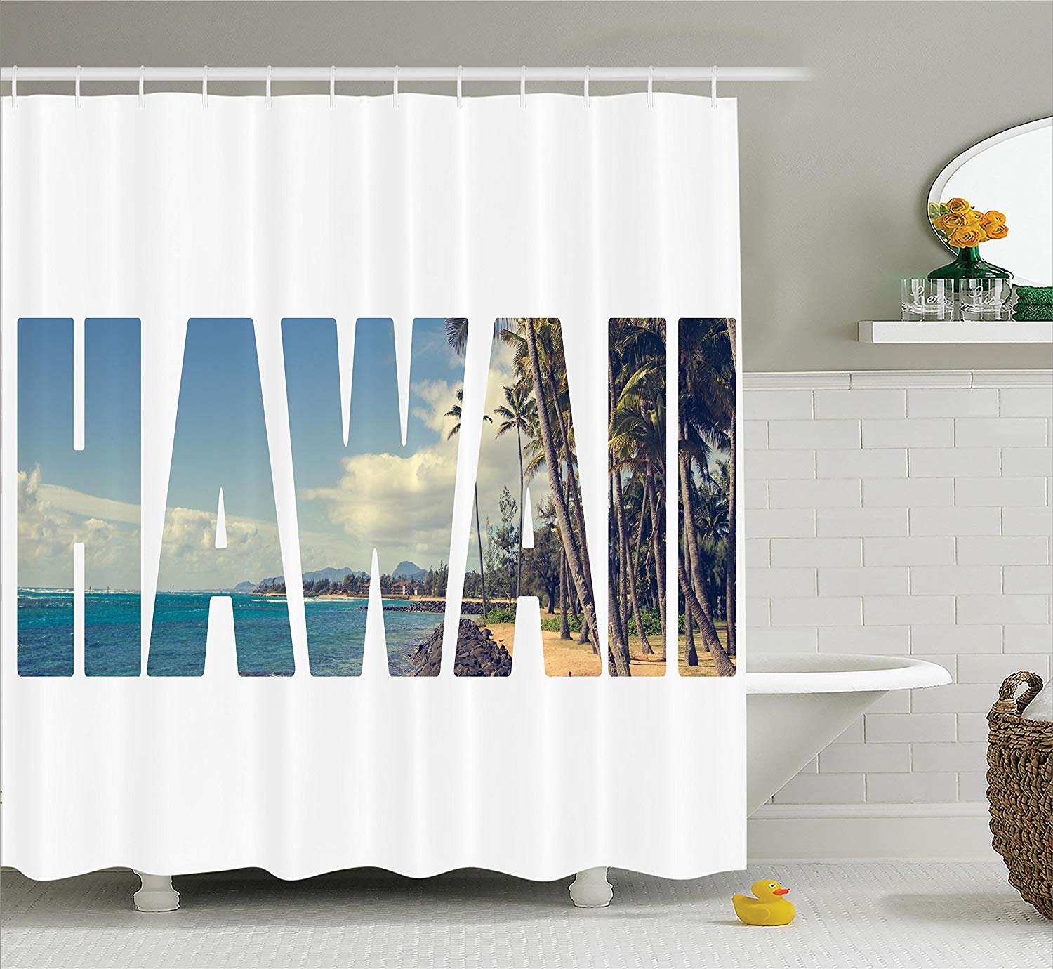 Ambesonne Hawaiian Decor Shower Curtain Word Hawaii With Tropical