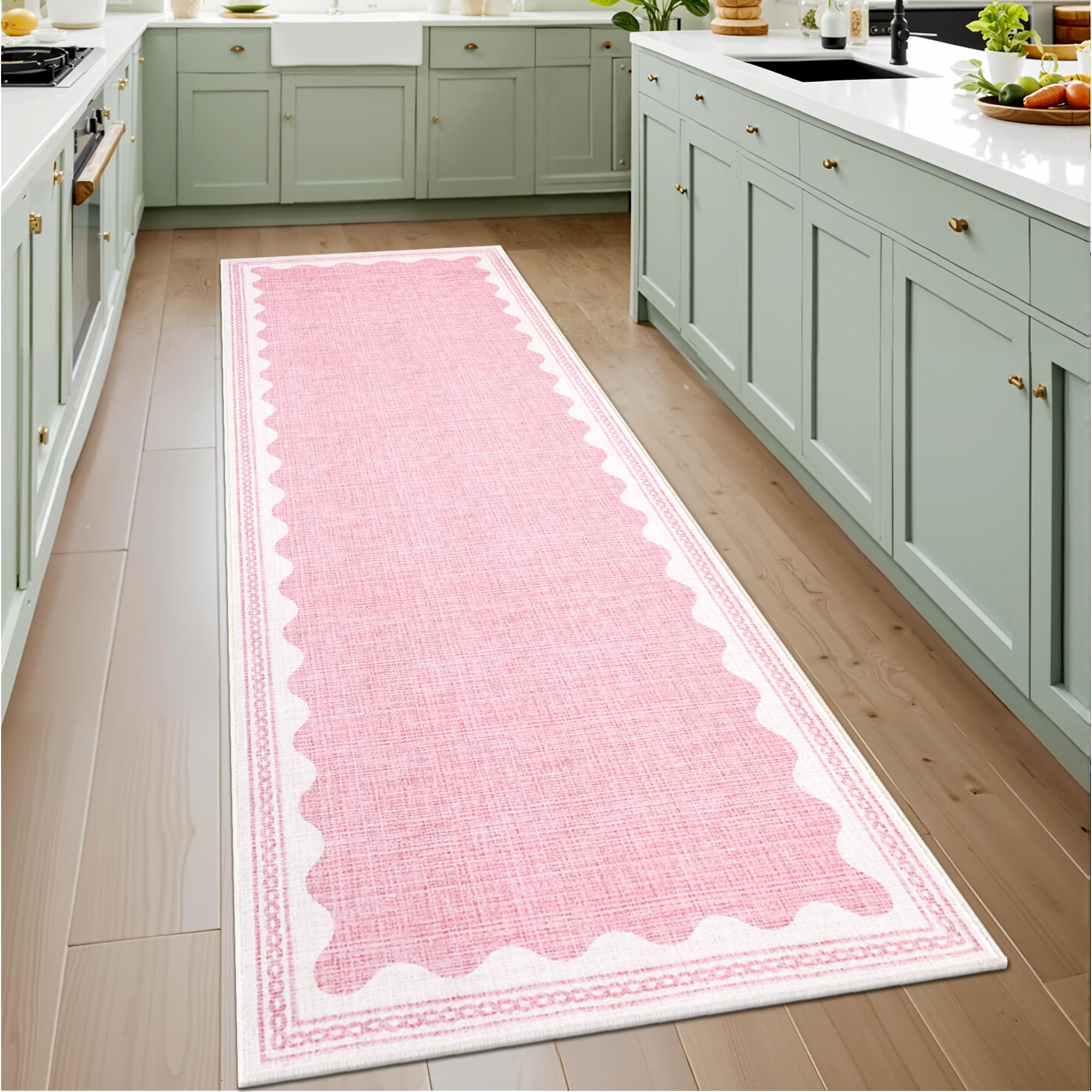 Photo 1 of GarveeHome 2.5x8 Runner Rug for Hallway Washable Kitchen Rugs Non Slip Solid Pink Modern Minimalism Soft Low-Pile Scalloped Indoor Carpet for Entryway Laundry Room Floor Mats