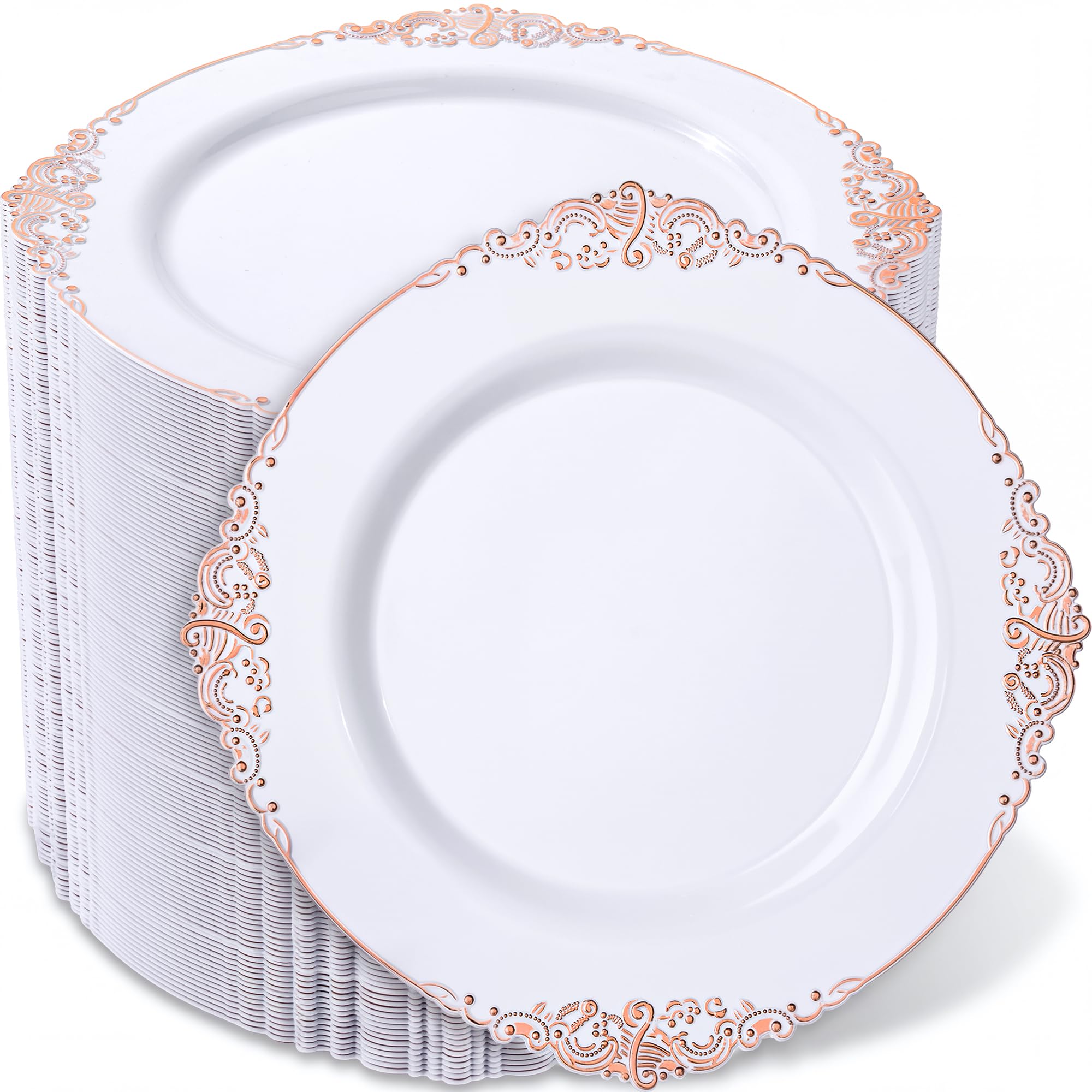 Morejoy 100 Pieces Rose Gold Plastic Plates - Rose Gold Disposable Plates - 10.25inch White Plastic Dinner Plates With Rose Gold Rim for Weddings & Parties & Shower Image