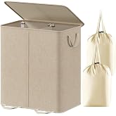 Lifewit Double Laundry Hamper with Lid, Removable Laundry Bags, Beige | Large Collapsible Laundry Baskets, 2 section Dirty Clothes Basket with Handles for Bedroom, Laundry Room, Closet, Dorm, 155L
