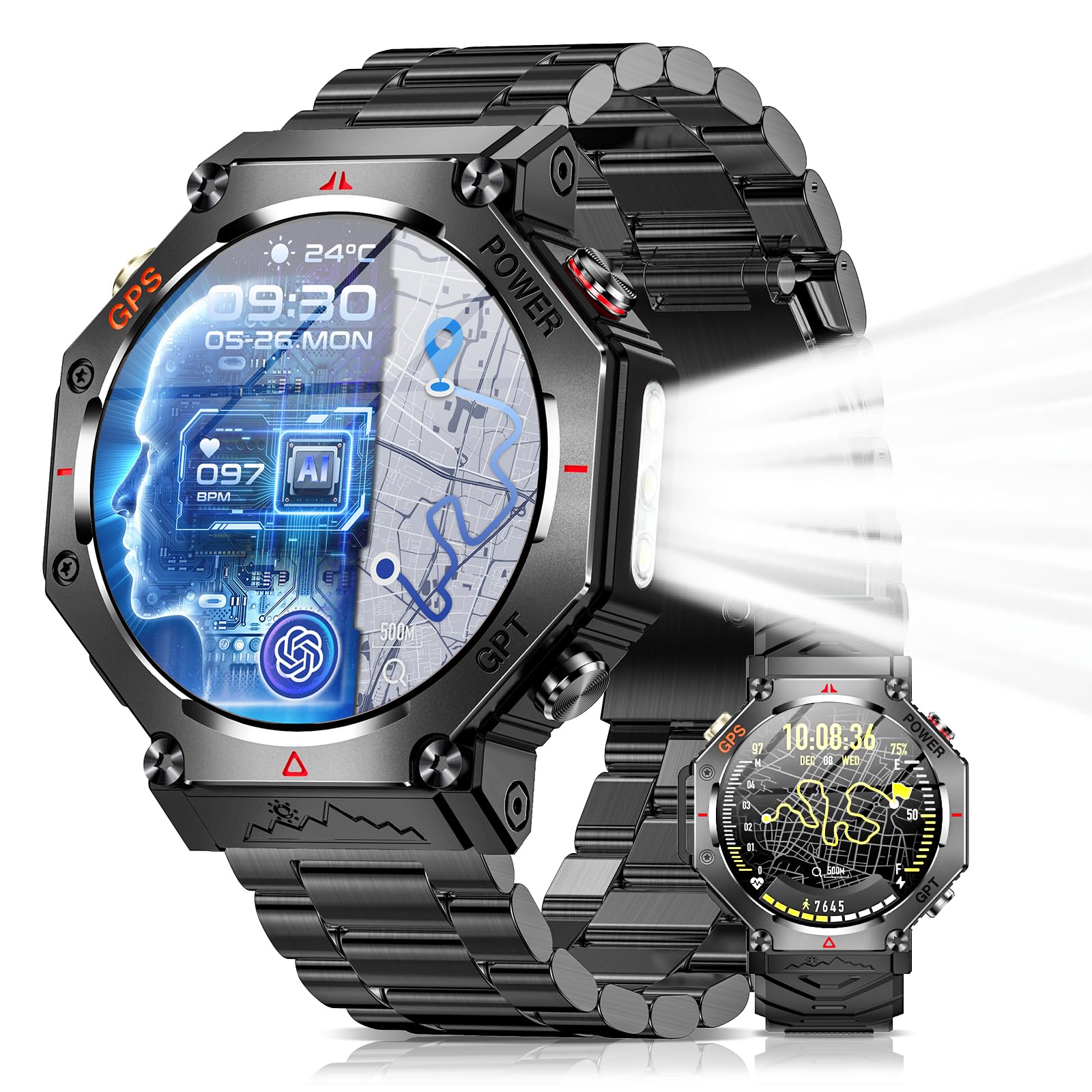 Smart Watch (2025 New Release, Built-in GPS), CHATGPT Included, Bluetooth Calls, Incoming Calls/Line App Notifications, 3 ATM Waterproof, 100+ Exercise Modes, GPS Exercise Recording, Pedometer, Long