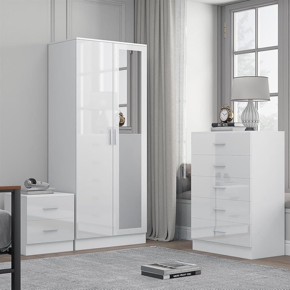 Reflect 2 Door Mirror Wardrobe Set, 5 Drawer Chest & 2 Drawer Nightstand