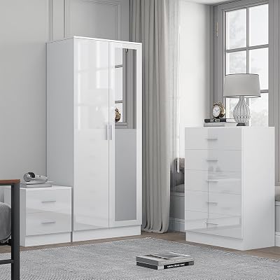 Reflect 2 Door Mirror Wardrobe Set, 5 Drawer Chest & 2 Drawer Nightstand
