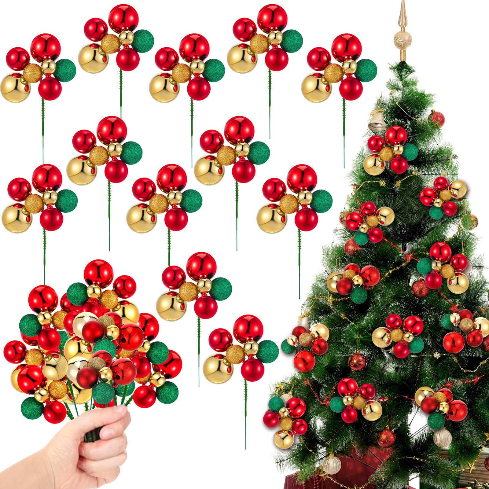 Photo 1 of 12 Pcs Christmas Ball Picks 7.9 Inch Glitter Christmas Ball Ornaments Picks on Wired Picks Shatterproof Red Green Gold Crafts for Xmas Tree Vase Wreath Decoration