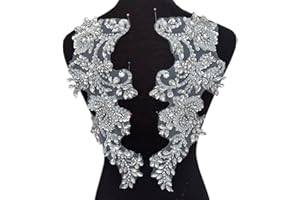 SUCCI SHAN Handmade Beaded Rhinestone Appliques Sew on Crystal Lace Patch, 1 Pair for DIY Clothing, Wedding Dress,Multi-Color Costume Decoration (Silver)