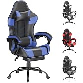 Gaming Chair with Footrest, Ergonomic Video Game Chair for Adults, Blue | PU Leather, Headrest and Lumbar Support, Height Adjustable 360&deg; Swivel High Back Reclining Computer Chair for Home Office