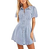 Yewfirm Denim Dress for Women Puff Sleeve Mini Jean Dresses for Women 2025 Summer Casual Denim Dress