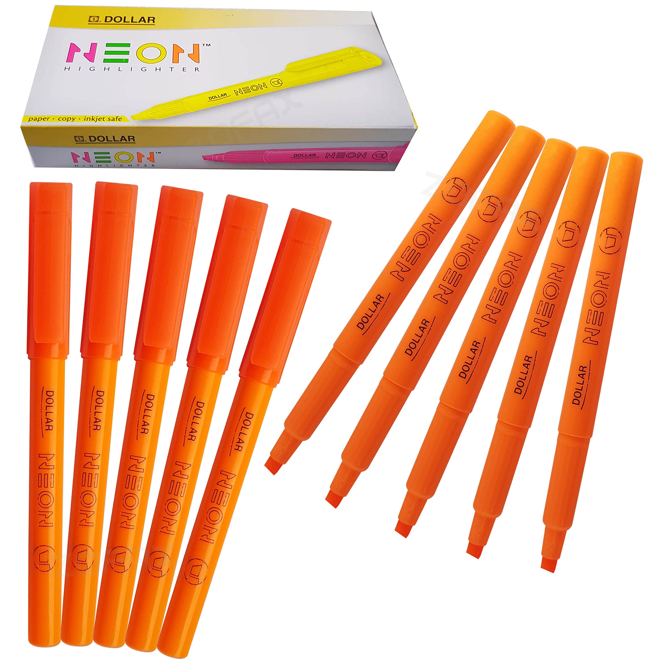 Pen-S Fluorescent Highlighter Pens, ORANGE, Chisel Tip, 1-4mm Lines, Pack of 10, Multipack, Quick Dry, School Office Home Highlighters, iVAIDEX Black Ball Pen