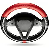 Carbon Fiber Steering Wheel Cover for Tesla Model 3/Y, Red Napa Leather, Easy to Grip, Tight Fit, Black Steering Wheel Covers for Model 3/Y Accessories (Red Napa-Carbon Fiber)
