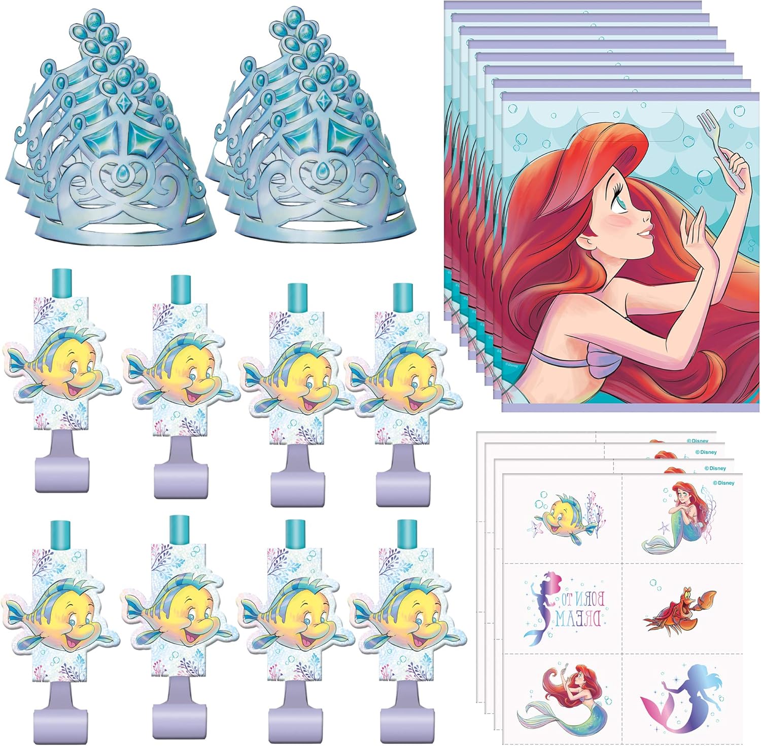 Unique The Little Mermaid Party Favor Bundle | Tattoo Sheets, Party Hats, Blowouts, Loot Bags | Kid's Birthday, Underwater Themed Event, Halloween, Officially Licensed by Unique: Health & Personal Care