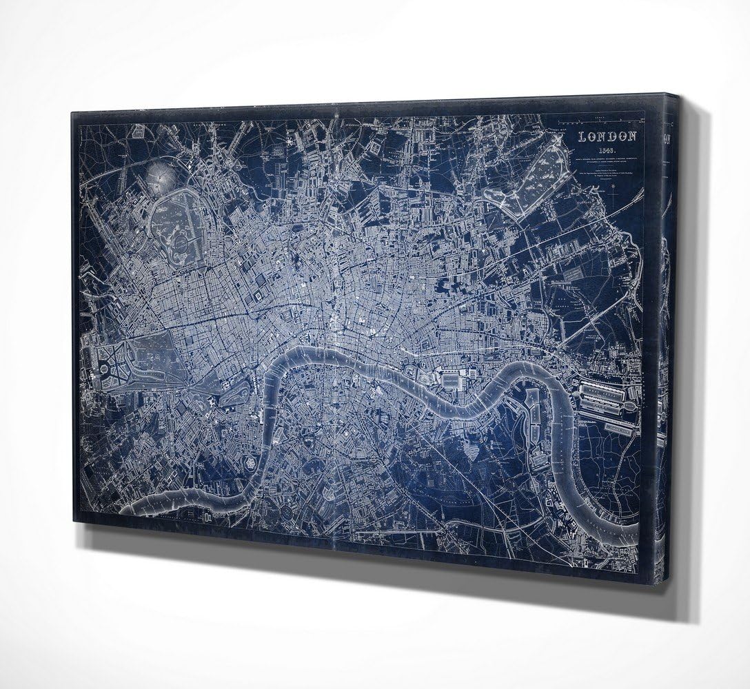 WEXFORD HOME Antique London Map Blue Gallery Wrapped Canvas Wall Art, 16x32,