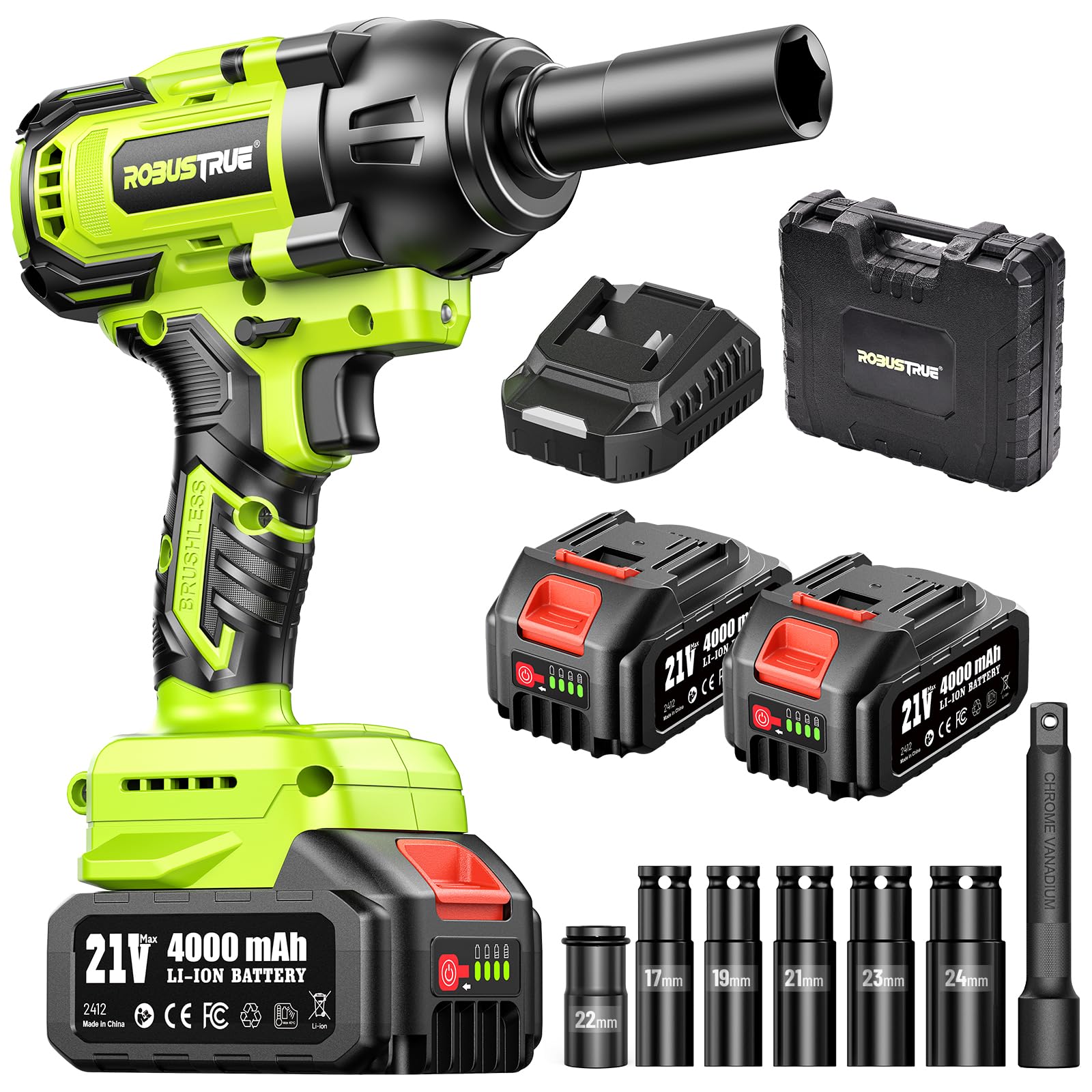 Photo 1 of Robustrue Cordless Impact Wrench, 885Ft-lbs (1200N.m) 1/2" Brushless Impact Gun, 21V High Torque Power Impact Driver, 2x4.0Ah Batteries Electric Impact Motor Variable Speeds for Car/Truck RV/Mower