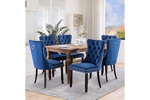 SoarFlash Velvet Dining Chairs Set of 6, Tall Back Side Chair, Modern Upholstered High-end Tufted Side Chair with Button Back Ring, Solid Wood Legs (Blue)