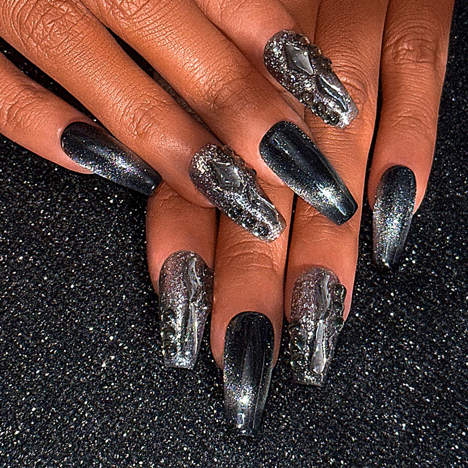 Sethexy Punk Long Coffin False Nails Handmade Rhinestone Cat Eye Gradient Fake Nails 3D Crystal Glossy Acrylic Black Press On Nails Salon Quality Nail for Women and Girls(O)