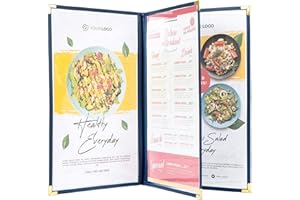 Ylittaa Menu Covers, Triple Page, 3 Pockets, 6 View, for 8.5" x 14" Legal Size Paper, Pack of 6, Blue Edging + Gold Metal Corner, Made with Leatherette & Vinyl