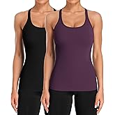 ATTRACO 2 Pack Ribbed Workout Tank Top with Built in Bra for Women Tight Fit Seamless Yoga Top