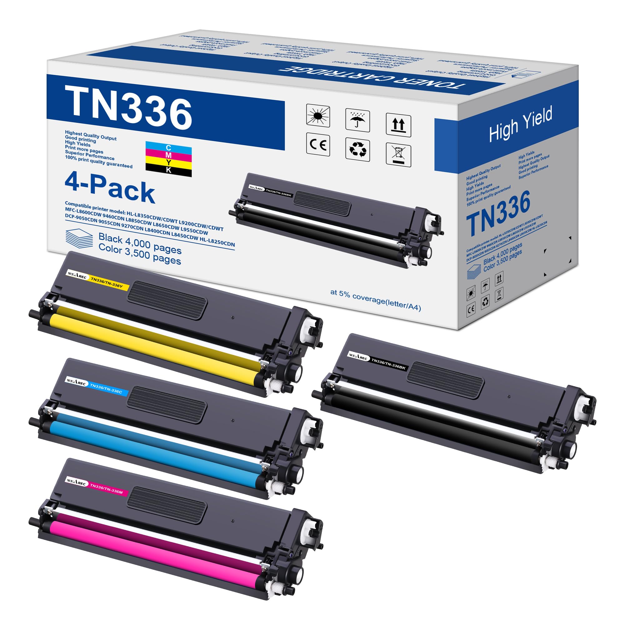 Photo 1 of TN336 Toner Cartridge High Yield Compatible Replacement for Brother TN-336 TN331 for Use with Brother HL-L8350CDW HL-4150CDN MFC-L8850CDW Printer (1BK,1C,1M,1Y, 4 Pack)