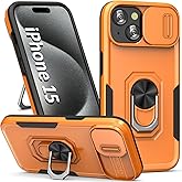 SEFING Phone Case for iPhone 15 Case with Slide Camera Cover, with Finger Ring Holder Stand, fit Magnetic Car Mount, for iPhone 15 - Orange