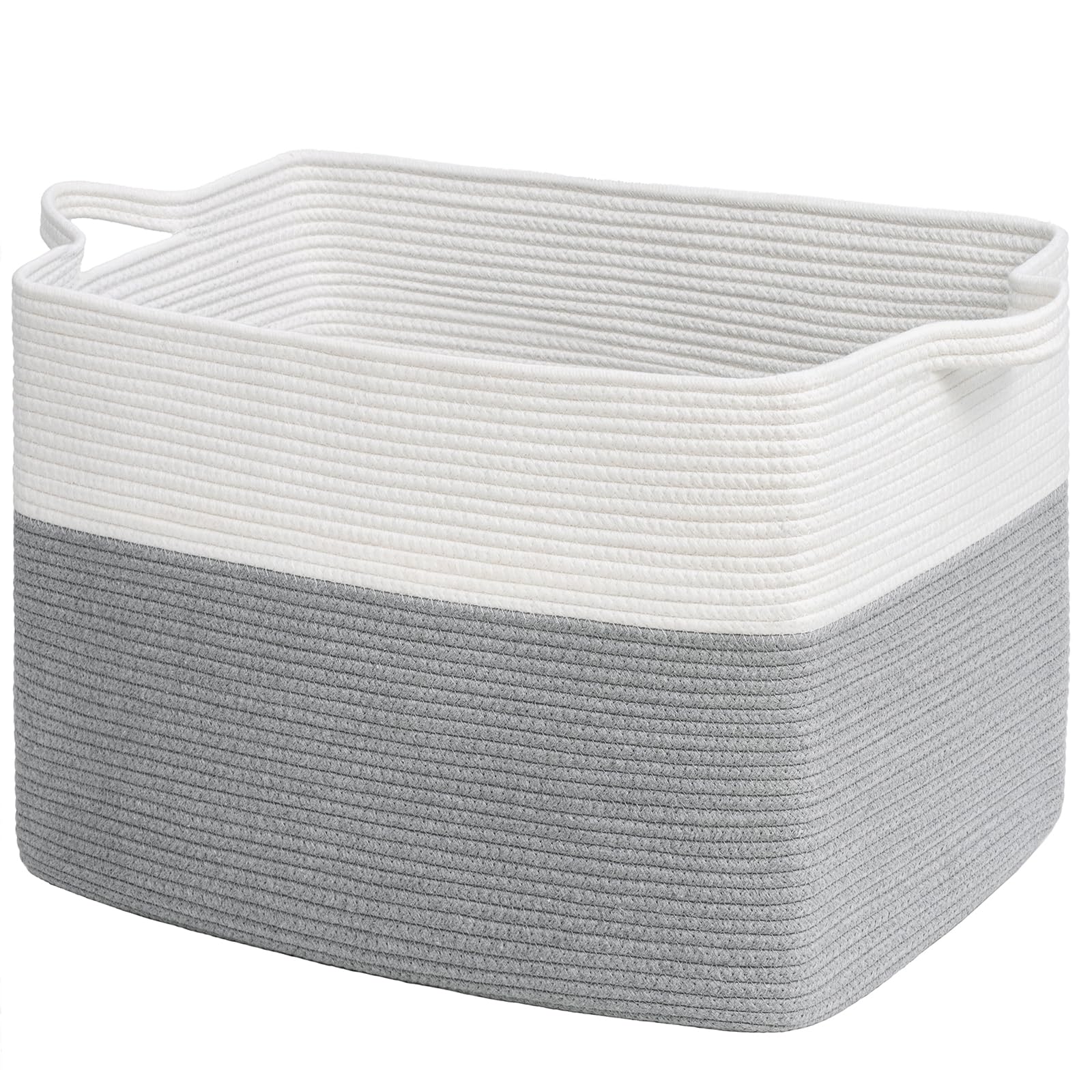Goodpick 105L Extra Large Woven Blanket Basket Cotton Rope Storage Baskets for Organizing, Rectangle Baby Laundry Basket for Living Room Home Decor, 25"x16"x16", White & Gray Image