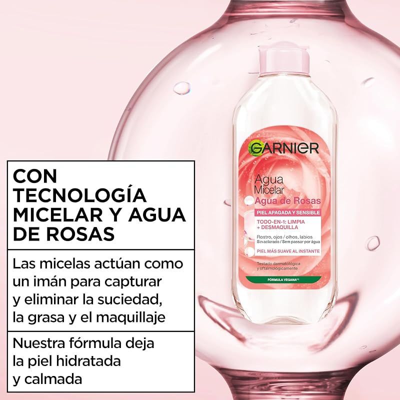 Garnier skin active micellar water com rose water para peles baças e sensíveis, remove a maquilhagem, limpa e ilumina num único gesto, adequado para rosto, lábios e olhos, incolor, 400 ml