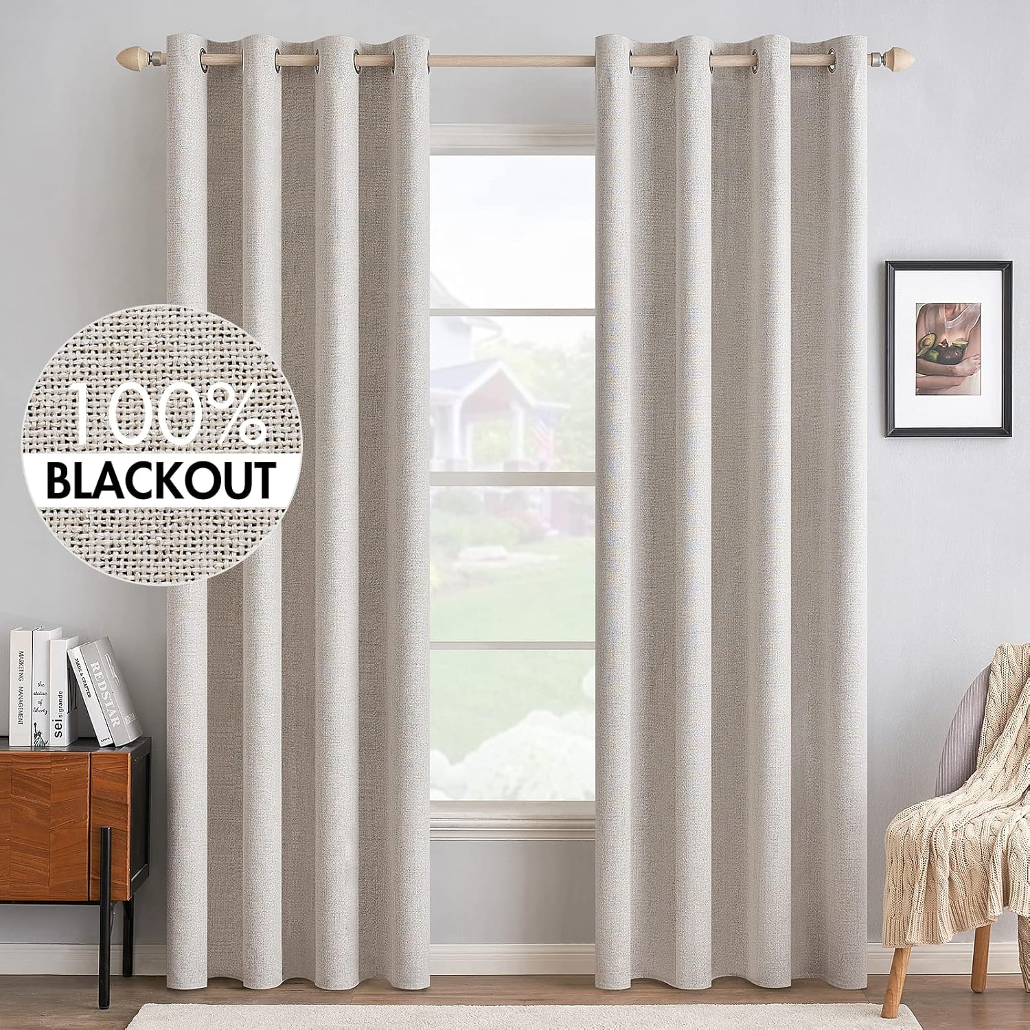 Window Treatments - MIULEE 100% Blackout Linen Textured Curtains for Bedroom Solid Thermal Insulated Ivory Grommet Room Darkening Curtains & Drapes Luxury Decor for Living Room Nursery 52 x 84 Inch (2 Panels)