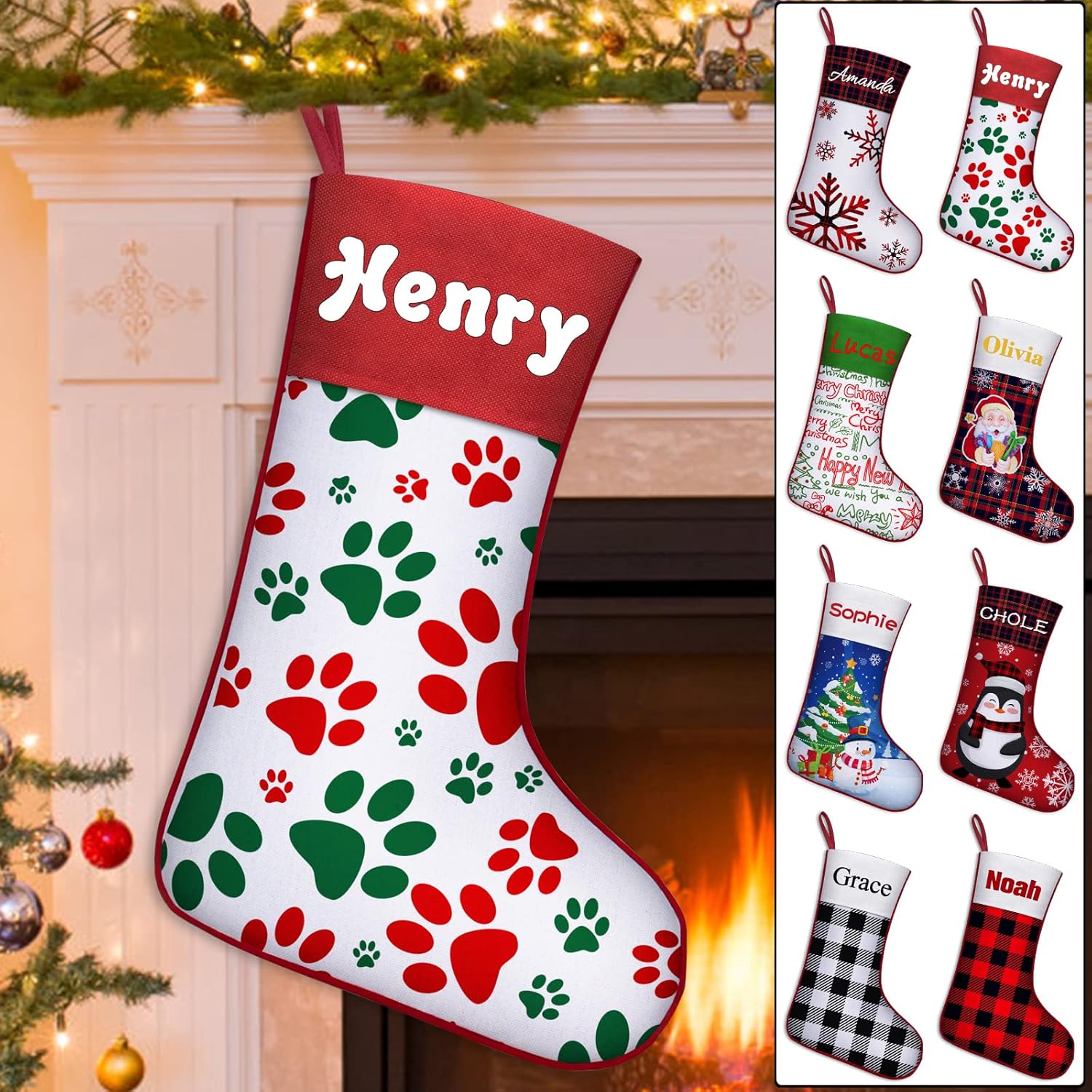 Stockings & Holders - SIMIEEK Personalized Christmas Stockings Set of 1 2 3 4 5 Custom Dog Paw Christmas Stockings with Names Xmas Stockings Customized Decorations Gifts for Family