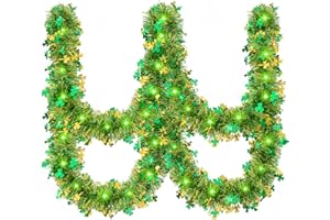 Gloreyan 33FT St.Patrick's Day Tinsel Garland with LED Light Prelit Shamrock Clover Green Gold Metallic Twist Tinsel Garland Battery Operated Lighted Hanging Garland for Wall Tree Ceiling Party Supply