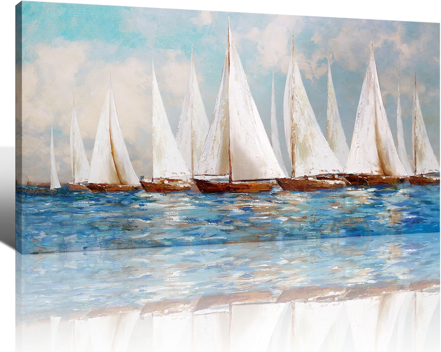 Paintings - KLAKLA Canvas Living Room Wall Art - Partially Hand Painted - Contemporary Art Oil Painting Style & 48x24 inch Blue and White Tone Bedroom Wall Decor