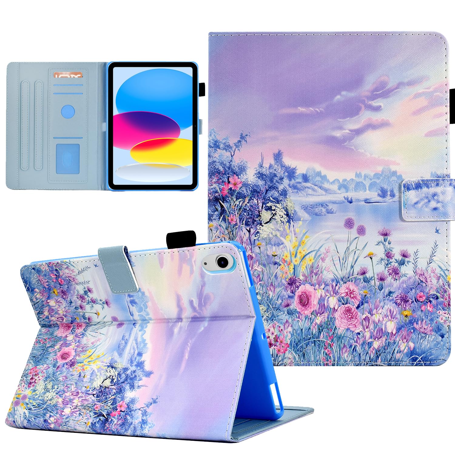 AUSMIX Case for iPad (A16) 11th Generation 11 inch 2025, iPad 10th Generation 10.9 inch 2022, Cute PU Leather Stand Cover, Auto Wake/Sleep Smart Shell with Pencil Holder,Purple Flower