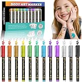 Temporary Tattoo Markers for Skin, 12 Metallic Body Markers for Temporary Tattoo Stencils for Kids Adults, Flexible Brush Tip, Bright Colors, Cosmetic Tattoos Pens for Kids Adults, DIY Body Art Set