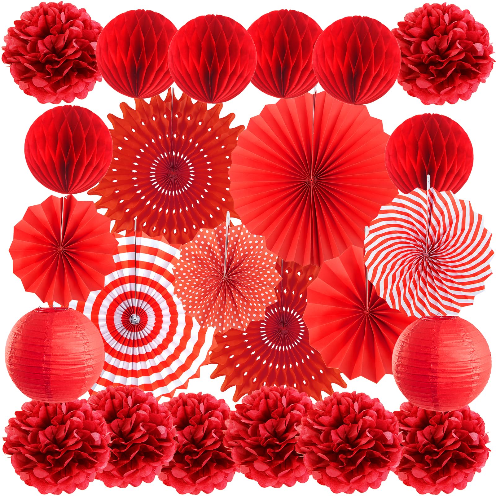 SUNBEAUTY 24PCS Party Decorations Red Birthday Decorations Set with Hanging Paper Fans Pom Pom Paper Lanterns Honeycomb for Valentines Birthday Parties Wedding Galentines Baby Shower — image 1