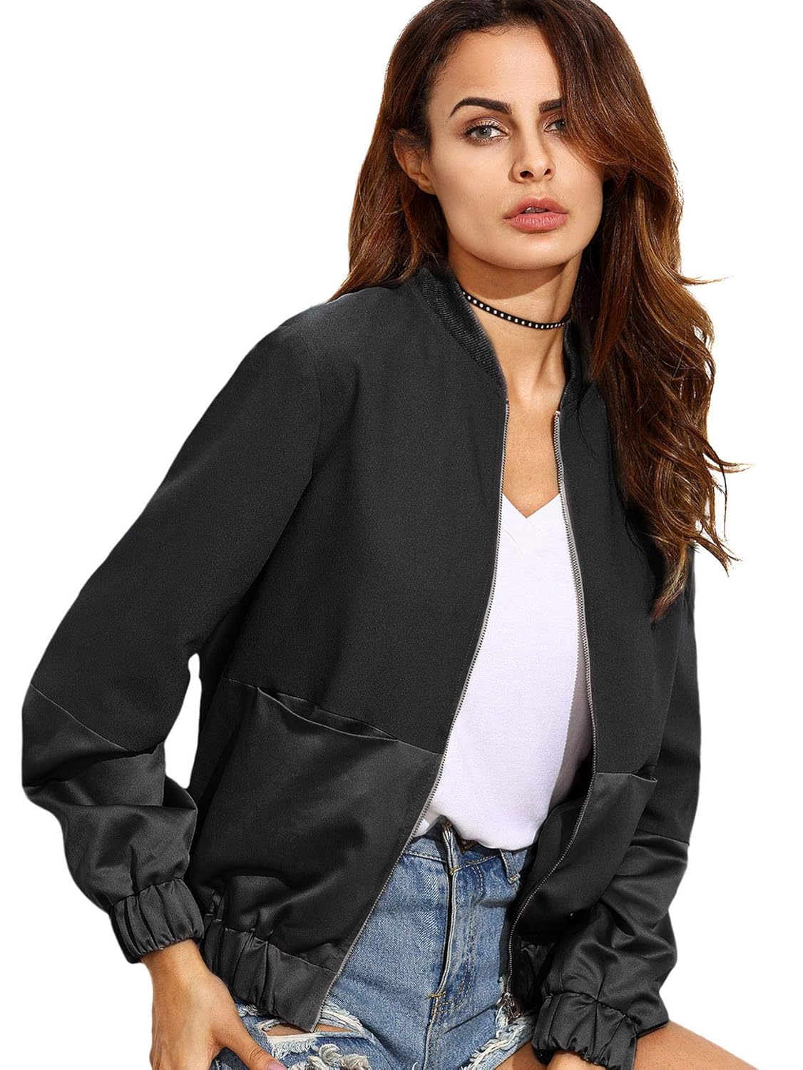 SheIn Womens Casual Plain Zip up Pocket Outwear Long Sleeve Short