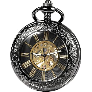 TREEWETO Mechanical Pocket Watch Magnifier Case Steampunk Skeleton Roman Numerals Dial for Men Women