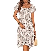 Riatobe Womens Floral Cute Square Neck Puffy Short Sleeve Dresses Casual Spring Summer Ruffle Wedding Guest Sundresses