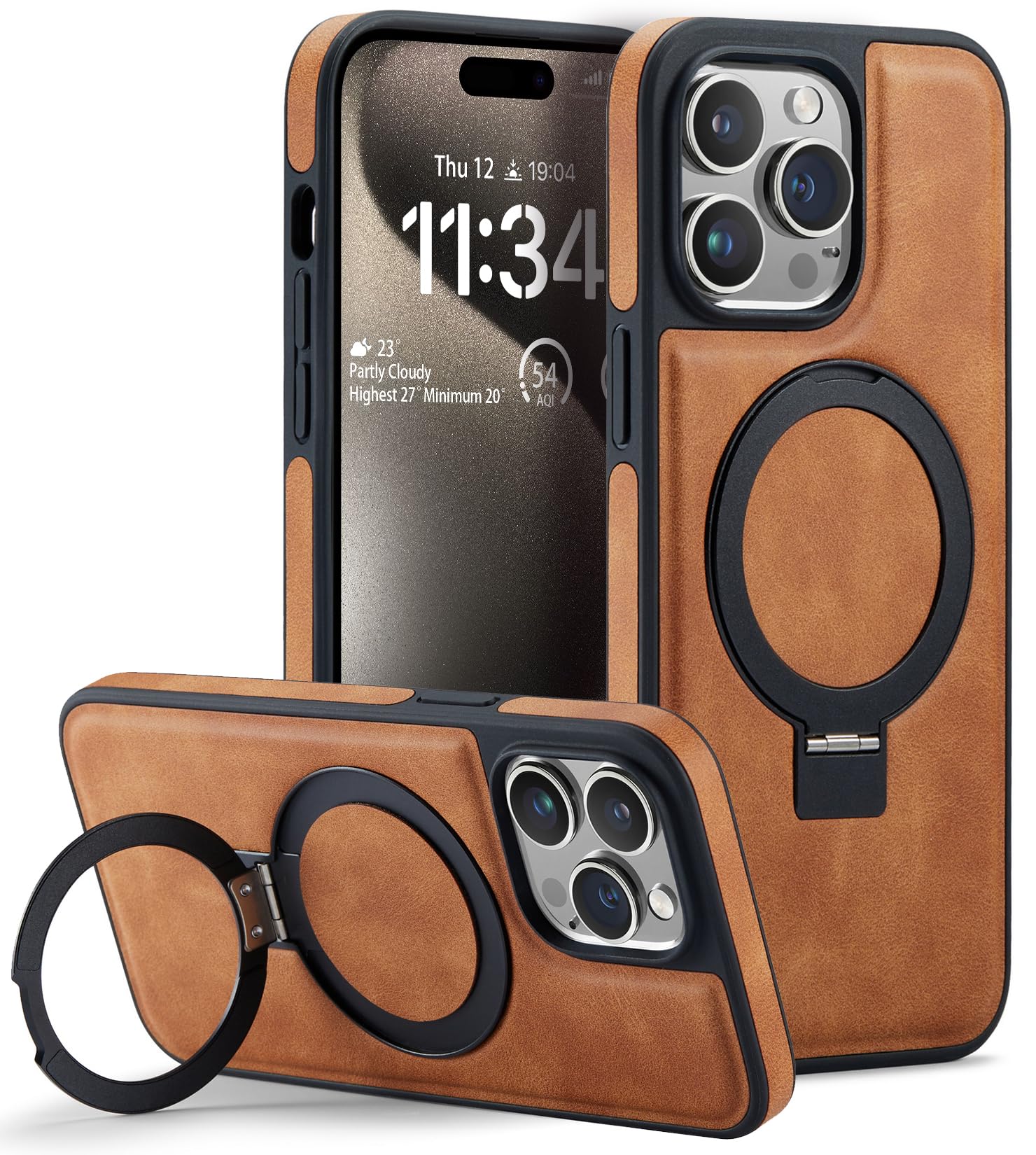 Photo 1 of Casus Designed for iPhone 15 Pro Case with Kickstand Vegan Leather Slim Classic Luxury Elegant Thin Protective Cover (2023) 6.1" (Brown)